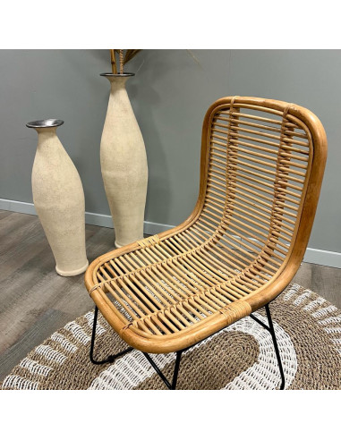 Chaise Rotin Pieds Métal Noir - Naturel