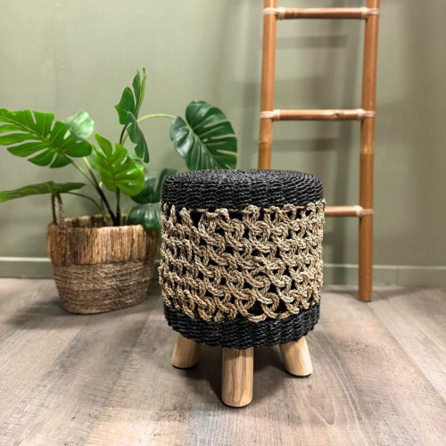 Tabouret Balinais Tressée - Noir/rond...