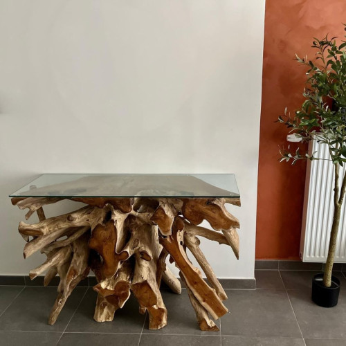 Console racine de Teck - Plateau Vitre
