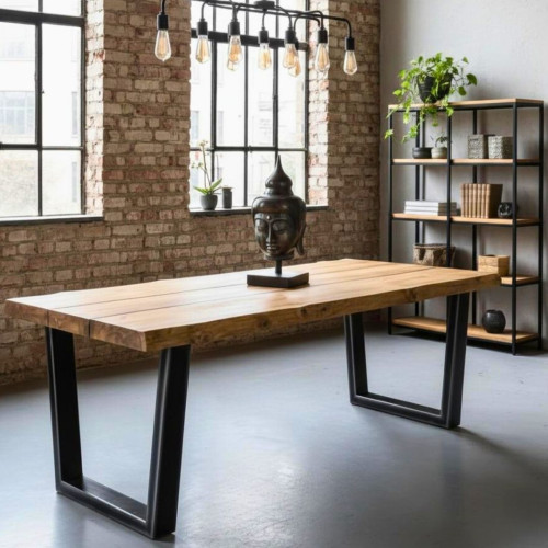Table Teck pied métal Forme "V" -...