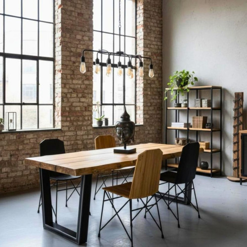 Table Teck pied métal Forme "V" -...