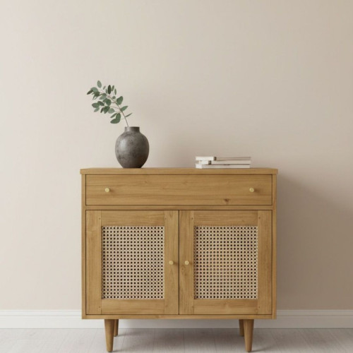 Meuble de salle de bain Teck et cannage