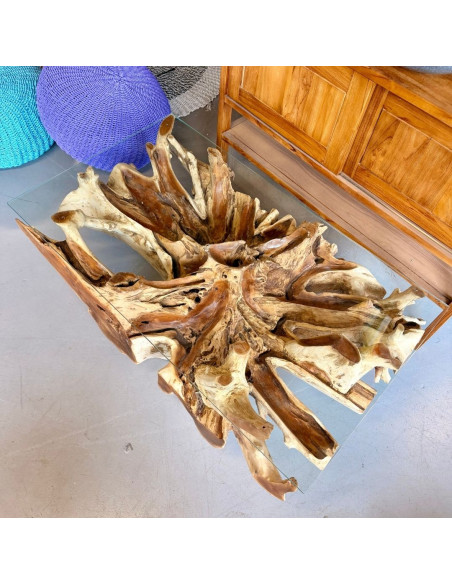 Table basse racine de Teck Flower - Plateau Rectangulaire